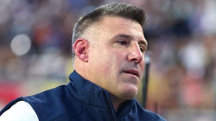 Feb 8, 2026; Santa Clara, CA, USA; New England Patriots head coach Mike Vrabel leaves the field at halftime against the Seattle Seahawks in Super Bowl LX at Levi's Stadium. Mandatory Credit: Mark J. Rebilas-Imagn Images