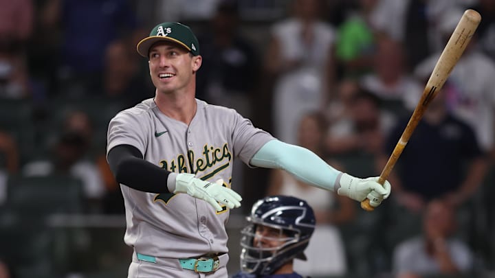 National League designated hitter Brent Rooker (25) of the Athletics reacts in the home run swing off tiebreaker during the 2025 MLB All Star Game at Truist Park. National League designated hitter Brent Rooker (25) of the Athletics reacts in the home run swing off tiebreaker during the 2025 MLB All Star Game at Truist Park.