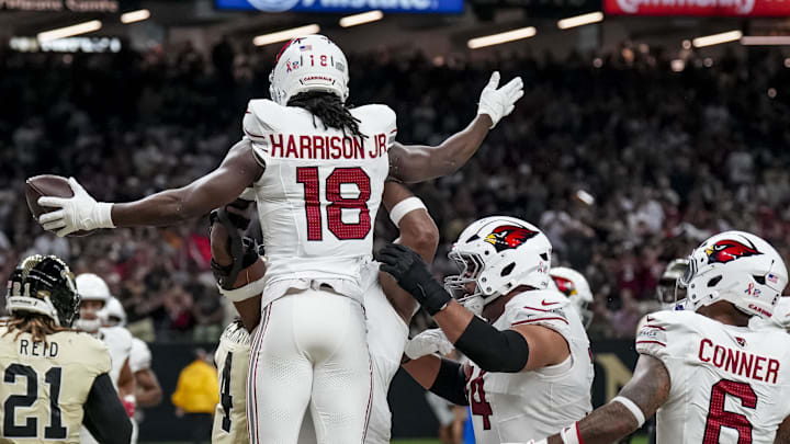 Sep 7, 2025; New Orleans, Louisiana, USA; Arizona Cardinals wide receiver Marvin Harrison Jr. (18) celebrates scoring at touchdown during the second quarter at Caesars Superdome. Mandatory Credit: Matthew Hinton-Imagn Images Sep 7, 2025; New Orleans, Louisiana, USA; Arizona Cardinals wide receiver Marvin Harrison Jr. (18) celebrates scoring at touchdown during the second quarter at Caesars Superdome. Mandatory Credit: Matthew Hinton-Imagn Images