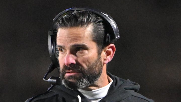 Nov 29, 2025; Durham, North Carolina, USA;  Duke Blue Devils head coach Manny Diaz looks on against the Wake Forest Demon Deacons during the fourth quarter at Wallace Wade Stadium. Mandatory Credit: Zachary Taft-Imagn Images
