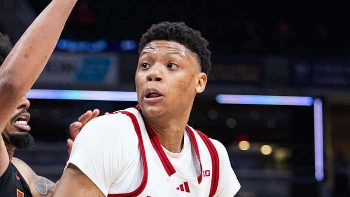 Mar 12, 2025; Indianapolis, IN, USA; Rutgers Scarlet Knights guard Ace Bailey (4) shoots the ball while USC Trojans guard Kevin Patton Jr. (8) defends in the second half at Gainbridge Fieldhouse. Mandatory Credit: Trevor Ruszkowski-Imagn Images Mar 12, 2025; Indianapolis, IN, USA; Rutgers Scarlet Knights guard Ace Bailey (4) shoots the ball while USC Trojans guard Kevin Patton Jr. (8) defends in the second half at Gainbridge Fieldhouse. Mandatory Credit: Trevor Ruszkowski-Imagn Images