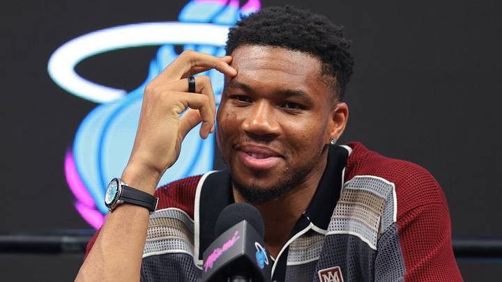 Miami Heat forward Giannis Antetokounmpo (7) speaks to reporters (Mandatory Credit: Sam Navarro-Imagn Images) Miami Heat forward Giannis Antetokounmpo (7) speaks to reporters (Mandatory Credit: Sam Navarro-Imagn Images)