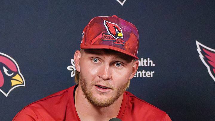Arizona Cardinals tight end Trey McBride speaks to the media