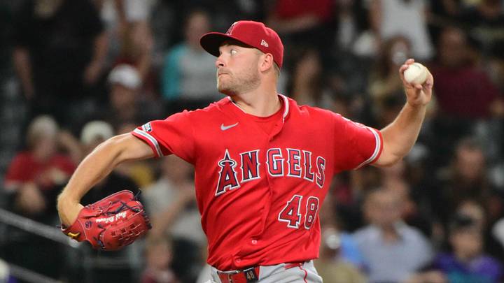 Los Angeles Angels pitcher Reid Detmers (48) throws