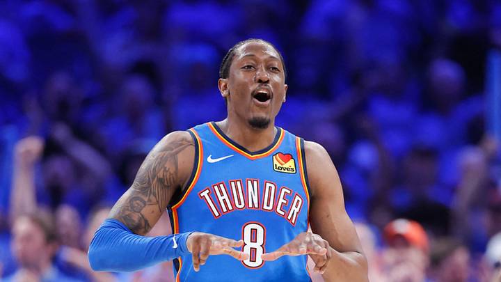 May 18, 2026; Oklahoma City, Oklahoma, USA; Oklahoma City Thunder forward Jalen Williams (8) reacts to a shot by forward Luguentz Dort (5) in the third quarter against San Antonio Spurs during game one of the western conference finals for the 2026 NBA playoffs at Paycom Center. Mandatory Credit: Alonzo Adams-Imagn Images May 18, 2026; Oklahoma City, Oklahoma, USA; Oklahoma City Thunder forward Jalen Williams (8) reacts to a shot by forward Luguentz Dort (5) in the third quarter against San Antonio Spurs during game one of the western conference finals for the 2026 NBA playoffs at Paycom Center. Mandatory Credit: Alonzo Adams-Imagn Images