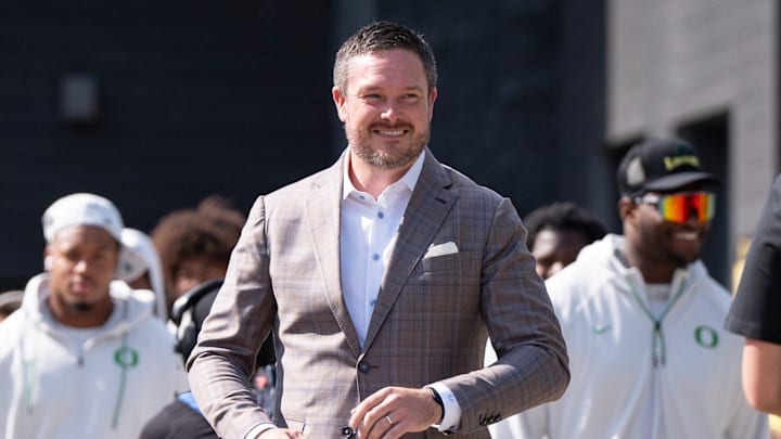 Oregon head coach Dan Lanning leads his team during the entry walk as the Oregon Ducks host the Montana State Bobcats on Aug. 30, 2025, at Autzen Stadium in Eugene, Oregon. Oregon head coach Dan Lanning leads his team during the entry walk as the Oregon Ducks host the Montana State Bobcats on Aug. 30, 2025, at Autzen Stadium in Eugene, Oregon.