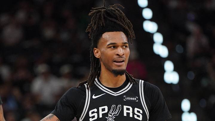 May 28, 2026; San Antonio, Texas, USA; San Antonio Spurs guard Stephon Castle (5) reacts with forward Julian Champagnie (30) in the first half during game six of the western conference finals for the 2026 NBA playoffs at Frost Bank Center. Mandatory Credit: Dustin Safranek-Imagn Images