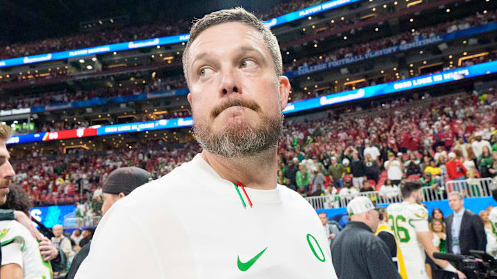 Oregon head coach Dan Lanning walks off the field after the Ducks’ loss as the Oregon Ducks face the Indiana Hoosiers in the Peach Bowl on Jan. 9, 2026, at Mercedes-Benz Stadium in Atlanta, Georgia.