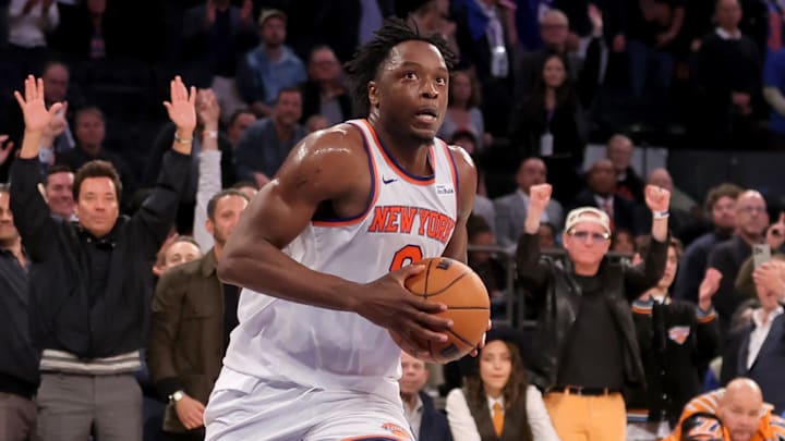Oct 22, 2025; New York, New York, USA; New York Knicks forward OG Anunoby (8) drives to the basket for a reverse dunk against the Cleveland Cavaliers during the fourth quarter at Madison Square Garden. Mandatory Credit: Brad Penner-Imagn Images Oct 22, 2025; New York, New York, USA; New York Knicks forward OG Anunoby (8) drives to the basket for a reverse dunk against the Cleveland Cavaliers during the fourth quarter at Madison Square Garden. Mandatory Credit: Brad Penner-Imagn Images