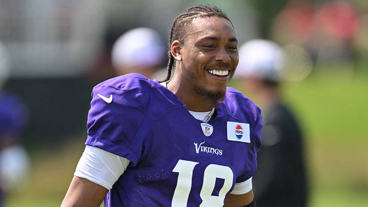 Minnesota Vikings wide receiver Justin Jefferson (18) looks on during practice at Vikings training camp in Eagan, MN. Mandatory Credit: Jeffrey Becker-USA TODAY Sports Minnesota Vikings wide receiver Justin Jefferson (18) looks on during practice at Vikings training camp in Eagan, MN. Mandatory Credit: Jeffrey Becker-USA TODAY Sports