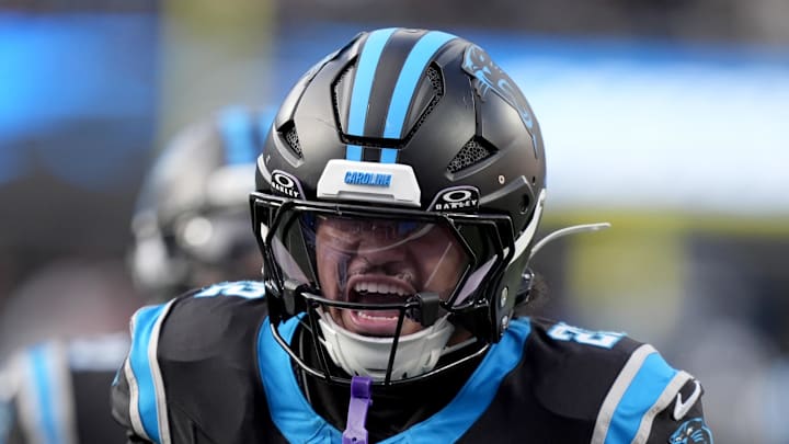 Carolina Panthers safety Lathan Ransom celebrates after an interception against the Tampa Bay Buccaneers.