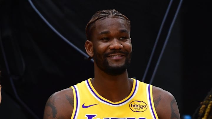 Sep 29, 2025; Los Angeles, CA, USA; Los Angeles Lakers guard Augustus Marciulionis (31), center Deandre Ayton (5) and guard R.J. Davis (55) during media day at UCLA Health Training Center. Mandatory Credit: Gary A. Vasquez-Imagn Images