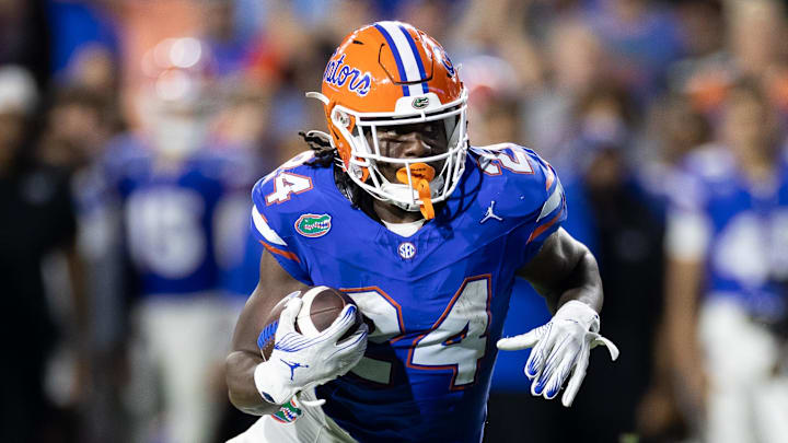 Oct 5, 2024; Gainesville, Florida, USA; Florida Gators running back Ja'Kobi Jackson (24) rushes with the ball against the UCF Knights during the first half at Ben Hill Griffin Stadium. Mandatory Credit: Matt Pendleton-Imagn Images Oct 5, 2024; Gainesville, Florida, USA; Florida Gators running back Ja'Kobi Jackson (24) rushes with the ball against the UCF Knights during the first half at Ben Hill Griffin Stadium. Mandatory Credit: Matt Pendleton-Imagn Images