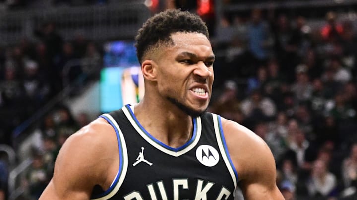 Milwaukee Bucks forward Giannis Antetokounmpo (34) reacts after scoring a basket in the 3rd quarter against the Chicago Bulls at Fiserv Forum on November 7, 2025.
