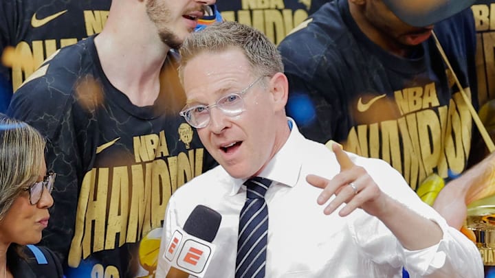 Jun 22, 2025; Oklahoma City, Oklahoma, USA; Oklahoma City Thunder general manager Sam Presti speaks during the championship ceremony after his team defeated the Indiana Pacers in game seven of the 2025 NBA Finals at Paycom Center. Mandatory Credit: Alonzo Adams-Imagn Images Jun 22, 2025; Oklahoma City, Oklahoma, USA; Oklahoma City Thunder general manager Sam Presti speaks during the championship ceremony after his team defeated the Indiana Pacers in game seven of the 2025 NBA Finals at Paycom Center. Mandatory Credit: Alonzo Adams-Imagn Images