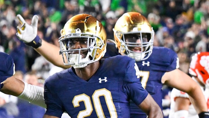 Notre Dame Fighting Irish cornerback Benjamin Morrison (20) celebrates after a third quarter interception against the Clemson Tigers.