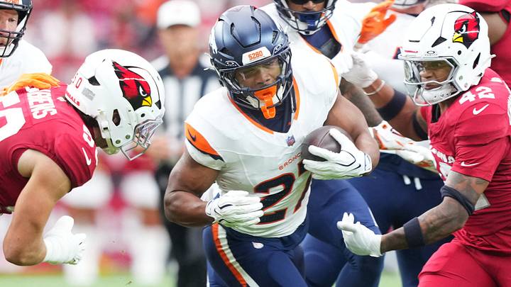 Oct 25, 2026; Glendale, Arizona, USA; Denver Broncos running back J.K. Dobbins (27) runs against the Arizona Cardinals. Oct 25, 2026; Glendale, Arizona, USA; Denver Broncos running back J.K. Dobbins (27) runs against the Arizona Cardinals.