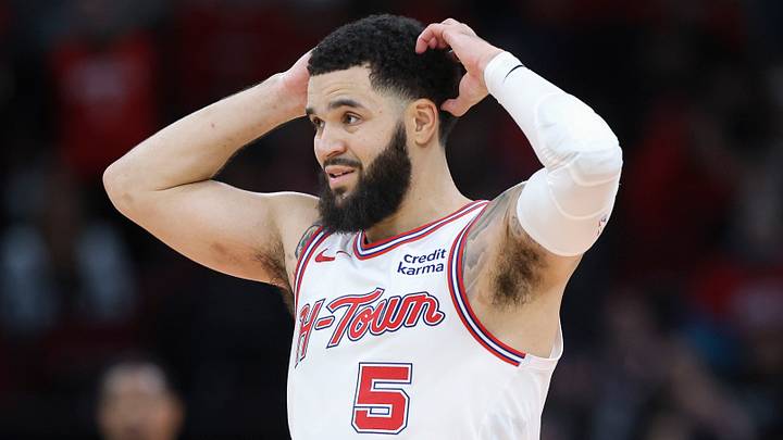Dec 29, 2023; Houston, Texas, USA; Houston Rockets guard Fred VanVleet (5) reacts after a play during the fourth quarter against the Philadelphia 76ers at Toyota Center. Mandatory Credit: Troy Taormina-USA TODAY Sports