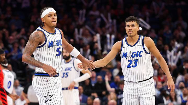 Nov 10, 2025; Orlando, Florida, USA; Orlando Magic forward Paolo Banchero (5) and forward Tristan da Silva (23) react after a play against the Portland Trail Blazers in the third quarter at Kia Center. Mandatory Credit: Nathan Ray Seebeck-Imagn Images Nov 10, 2025; Orlando, Florida, USA; Orlando Magic forward Paolo Banchero (5) and forward Tristan da Silva (23) react after a play against the Portland Trail Blazers in the third quarter at Kia Center. Mandatory Credit: Nathan Ray Seebeck-Imagn Images