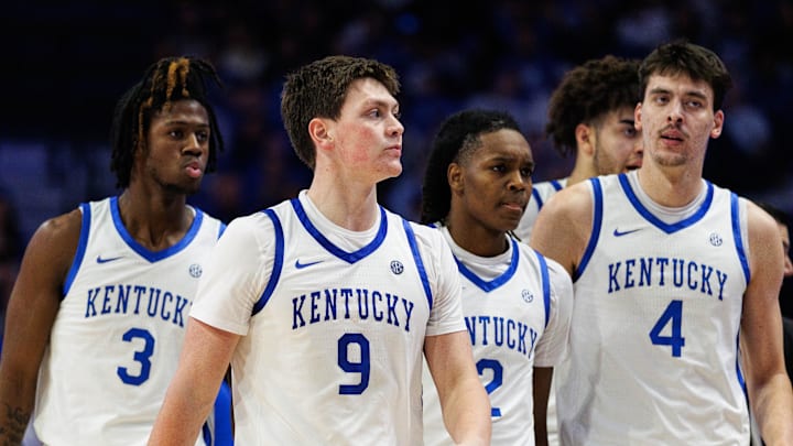 Nov 14, 2025; Lexington, Kentucky, USA; Kentucky Wildcats forward Trent Noah (9) returns to the bench during a timeout in the second half against the Eastern Illinois Panthers at Rupp Arena at Central Bank Center. Mandatory Credit: Jordan Prather-Imagn Images Nov 14, 2025; Lexington, Kentucky, USA; Kentucky Wildcats forward Trent Noah (9) returns to the bench during a timeout in the second half against the Eastern Illinois Panthers at Rupp Arena at Central Bank Center. Mandatory Credit: Jordan Prather-Imagn Images