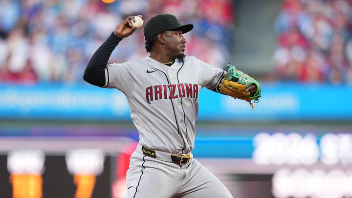Apr 10, 2026; Philadelphia, Pennsylvania, USA; Arizona Diamondbacks infielder Geraldo Perdomo (2) throws to first against the Philadelphia Phillies in the first inning at Citizens Bank Park. Mandatory Credit: Kyle Ross-Imagn Images