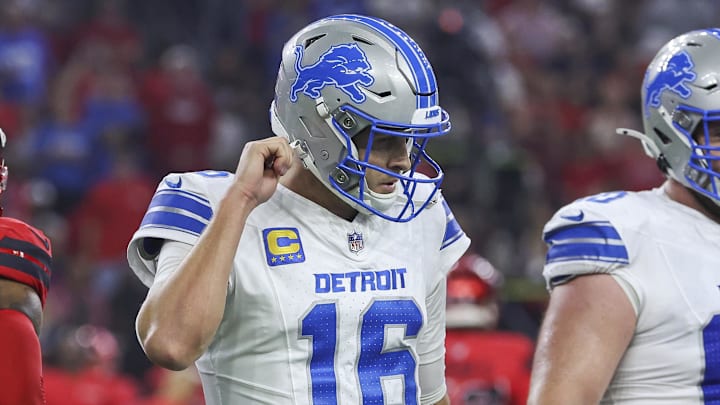 Nov 10, 2024; Houston, Texas, USA; Detroit Lions quarterback Jared Goff (16) walks off the field after a play during the first quarter against the Houston Texans at NRG Stadium. Mandatory Credit: Troy Taormina-Imagn Images