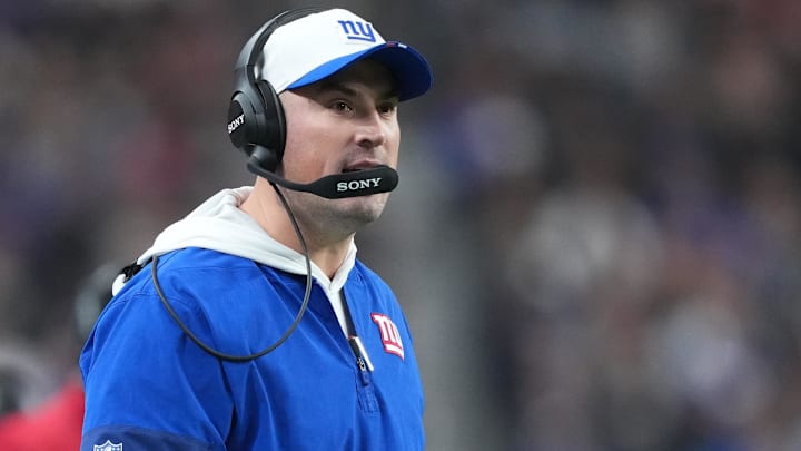Dec 28, 2025; Paradise, Nevada, USA; New York Giants head coach Mike Kafka looks on during the third quarter against the Las Vegas Raiders at Allegiant Stadium. Dec 28, 2025; Paradise, Nevada, USA; New York Giants head coach Mike Kafka looks on during the third quarter against the Las Vegas Raiders at Allegiant Stadium.