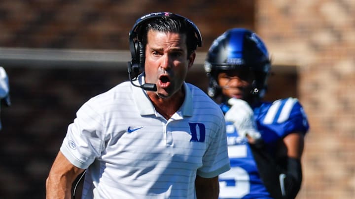 Oct 18, 2025; Durham, North Carolina, USA; Duke Blue Devils head coach Manny Diaz reacts during the second half of the game against Georgia Tech Yellow Jackets at Wallace Wade Stadium. Mandatory Credit: Jaylynn Nash-Imagn Images Oct 18, 2025; Durham, North Carolina, USA; Duke Blue Devils head coach Manny Diaz reacts during the second half of the game against Georgia Tech Yellow Jackets at Wallace Wade Stadium. Mandatory Credit: Jaylynn Nash-Imagn Images