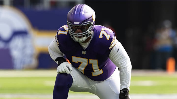 Vikings left tackle Christian Darrisaw plays against the Houston Texans in Week 3. Vikings left tackle Christian Darrisaw plays against the Houston Texans in Week 3.