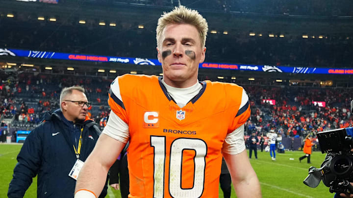 Jan 17, 2026; Denver, CO, USA; Denver Broncos quarterback Bo Nix (10) reacts after winning an AFC Divisional Round playoff game against the Buffalo Bills at Empower Field at Mile High. Mandatory Credit: Ron Chenoy-Imagn Images