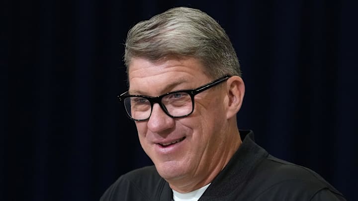 Feb 24, 2026; Indianapolis, IN, USA; Tampa Bay Buccaneers general manager Jason Licht speaks at the NFL Scouting Combine at the Indiana Convention Center. Mandatory Credit: Kirby Lee-Imagn Images