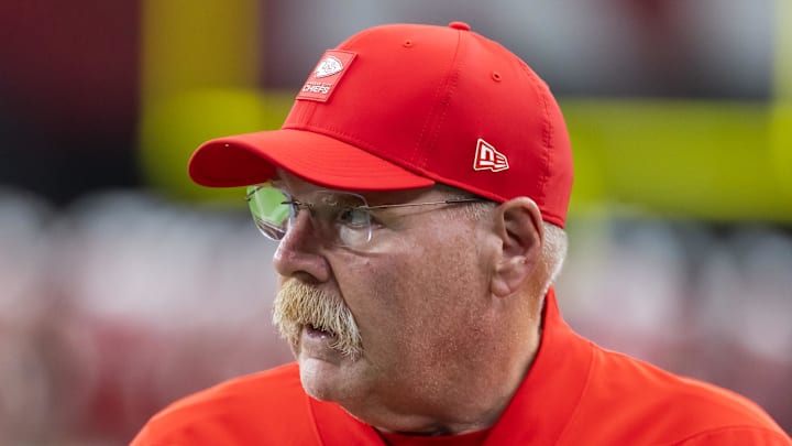 Aug 9, 2025; Glendale, Arizona, USA; Kansas City Chiefs head coach Andy Reid against the Arizona Cardinals during a preseason NFL game at State Farm Stadium. Mandatory Credit: Mark J. Rebilas-Imagn Images