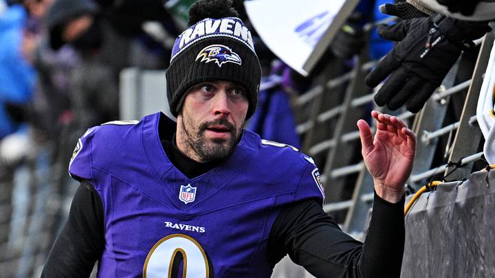 Jan 4, 2025; Baltimore, Maryland, USA; Baltimore Ravens place kicker Justin Tucker (9) arrives before the game against the Cleveland Browns at M&T Bank Stadium. Mandatory Credit: Tommy Gilligan-Imagn Images