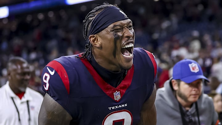 Jan 13, 2024; Houston, Texas, USA; Houston Texans tight end Brevin Jordan (9) celebrates their win against the Cleveland Browns in a 2024 AFC wild card game at NRG Stadium. Mandatory Credit: Troy Taormina-Imagn Images