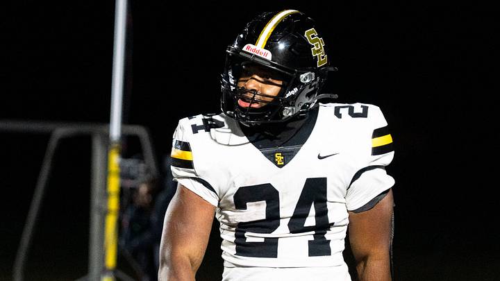 Southeast Polk's Stanley Cooper reacts after scoring a touchdown during a 5A playoff football game at Ankeny Stadium on Friday, Oct. 31, 2025, in Ankeny.