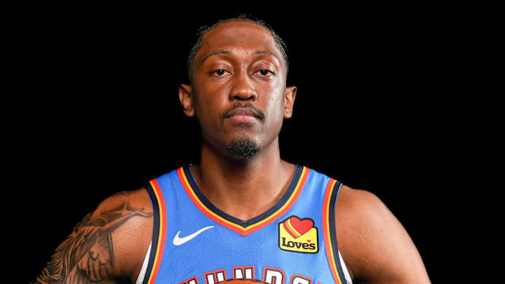 Oklahoma forward Jalen Williams (8) poses for a photo shoot during Thunder media day at Paycom Center in Oklahoma City on Monday, Sept. 29, 2025.