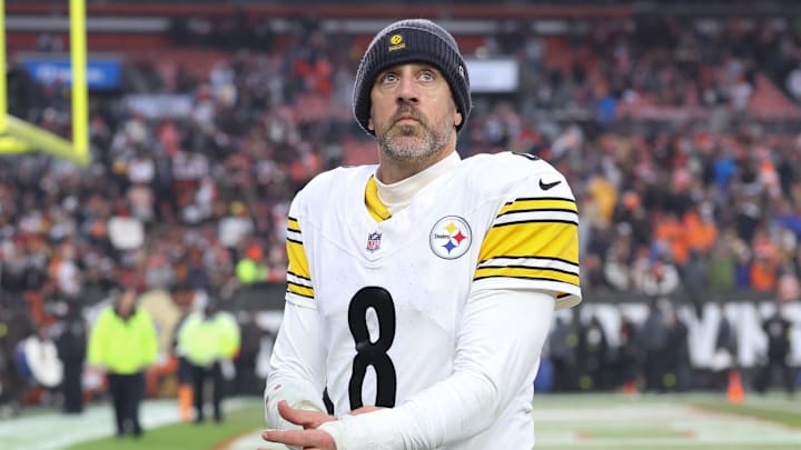 Dec 28, 2025; Cleveland, Ohio, USA; Pittsburgh Steelers quarterback Aaron Rodgers (8) looks on after the game against the Cleveland Browns at Huntington Bank Field. Mandatory Credit: Scott Galvin-Imagn Images