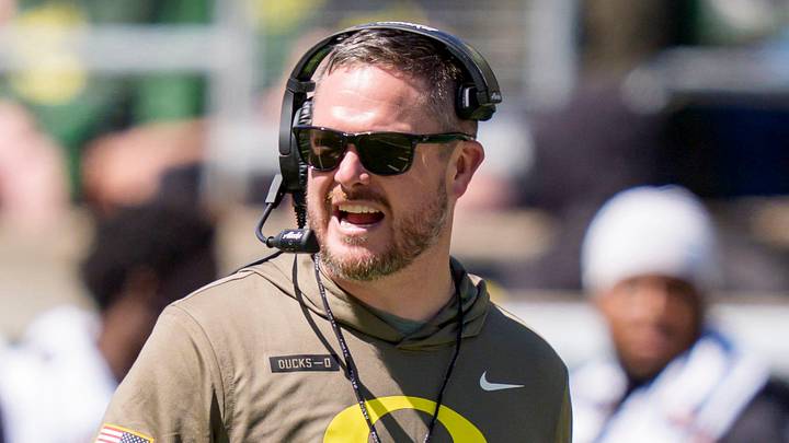 Oregon head coach Dan Lanning walks the field during the Oregon Ducks annual spring game on April 25, 2026 at Autzen Stadium in Eugene, Oregon. Oregon head coach Dan Lanning walks the field during the Oregon Ducks annual spring game on April 25, 2026 at Autzen Stadium in Eugene, Oregon.