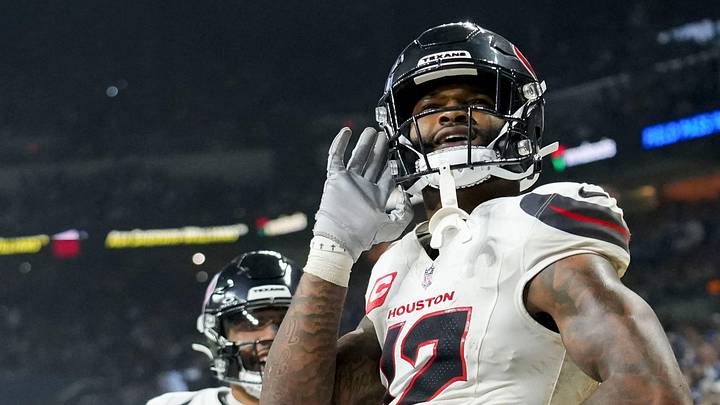 Houston Texans wide receiver Nico Collins (12) celebrates after scoring a touchdown Sunday, Nov. 30, 2025, during a game against the Indianapolis Colts at Lucas Oil Stadium in Indianapolis. Houston Texans wide receiver Nico Collins (12) celebrates after scoring a touchdown Sunday, Nov. 30, 2025, during a game against the Indianapolis Colts at Lucas Oil Stadium in Indianapolis.