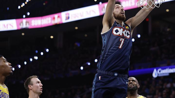 May 7, 2026; Oklahoma City, Oklahoma, USA; Oklahoma City Thunder center Chet Holmgren (7) dunks against the Los Angeles Lakers in the second half during game two of the second round of the 2026 NBA Playoffs at Paycom Center. Mandatory Credit: Alonzo Adams-Imagn Images