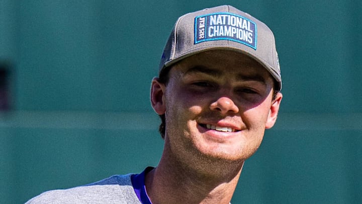 LSU Tigers pitcher Kade Anderson (32) accepts the award for most outstanding player after winning the College World Series at Charles Schwab Field on June 22. 