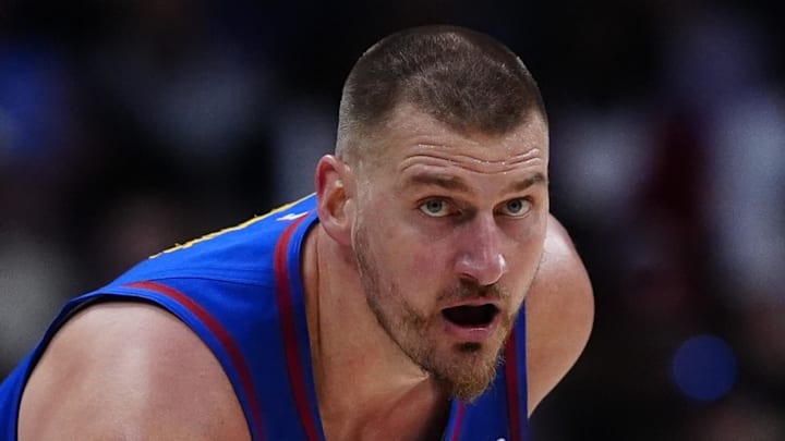 Denver Nuggets center Nikola Jokic drives to the net in the first quarter against the Portland Trail Blazers.