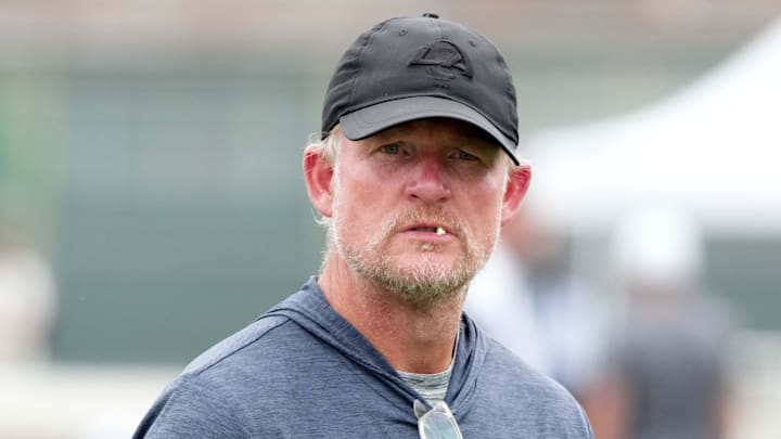 Aug 14, 2025; Carson, CA, USA; Los Angeles Rams general manager Les Snead watches during a joint practice against the New Orleans Saints at the Dignity Health Sports Park. Mandatory Credit: Kirby Lee-Imagn Images