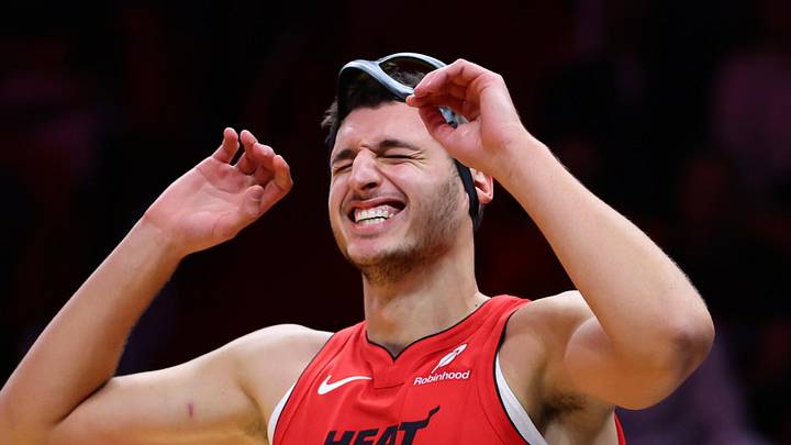 Miami Heat forward Nikola Jovic (5) reacts after a play against the Philadelphia 76ers during the second quarter at Kaseya Center on November 18, 2024.