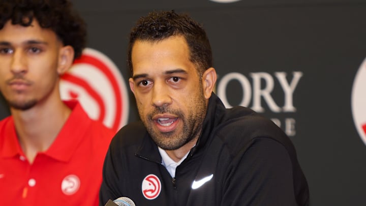 Jun 28, 2024; Atlanta, Georgia, USA; Atlanta Hawks general manager Landry Fields talks to the media with first overall pick Zaccharie Risacher at the Emory Sports Medicine Complex. Mandatory Credit: Brett Davis-Imagn Images
Jun 28, 2024; Atlanta, Georgia, USA; Atlanta Hawks general manager Landry Fields talks to the media with first overall pick Zaccharie Risacher at the Emory Sports Medicine Complex. Mandatory Credit: Brett Davis-Imagn Images