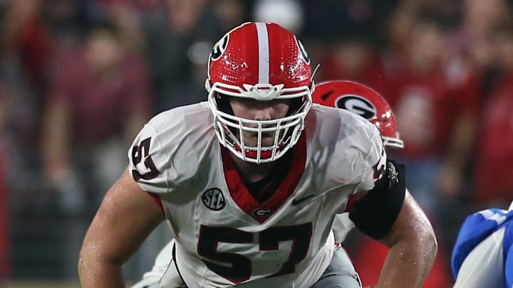 Georgia Bulldogs offensive lineman Monroe Freeling (57)