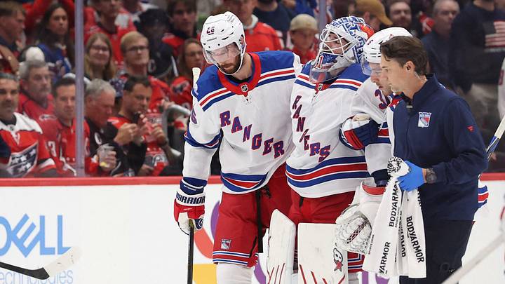 Oct 9, 2026; Washington, District of Columbia, USA; New York Rangers goaltender Igor Shesterkin (31) is helped off the ice after being injured against the Washington Capitals during the second period at Capital One Arena. Mandatory Credit: Geoff Burke-Imagn Images