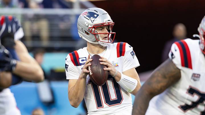Feb 8, 2026; Santa Clara, CA, USA; New England Patriots quarterback Drake Maye (10) against the Seattle Seahawks during Super Bowl LX at Levi's Stadium. Mandatory Credit: Mark J. Rebilas-Imagn Images