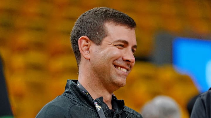 Jun 2, 2022; San Francisco, California, USA; Boston Celtics president of basketball operations Brad Stevens before game one of the 2022 NBA Finals Golden State Warriors at Chase Center. Mandatory Credit: Cary Edmondson-Imagn Images