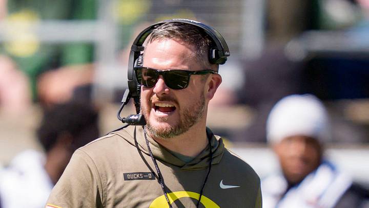 Oregon head coach Dan Lanning walks the field during the Oregon Ducks annual spring game on April 25, 2026 at Autzen Stadium in Eugene, Oregon.